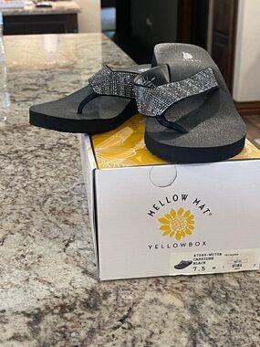 Yellow Box Black Sparkle Wedge Thong Sandals